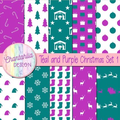 Free teal and purple Christmas digital papers set 1