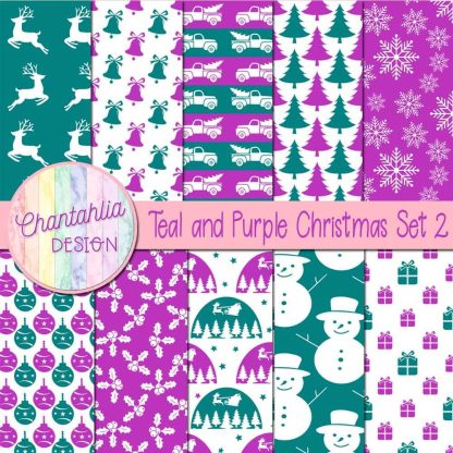 Free teal and purple Christmas digital papers