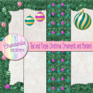 Free teal and purple Christmas ornaments and garland digital papers