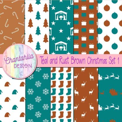 Free teal and rust brown Christmas digital papers set 1