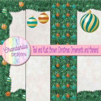 Free teal and rust brown Christmas ornaments and garland digital papers