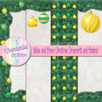 Free yellow and green Christmas ornaments and garland digital papers