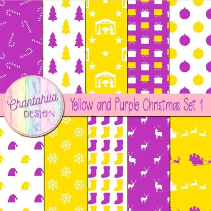 Free yellow and purple Christmas digital papers set 1