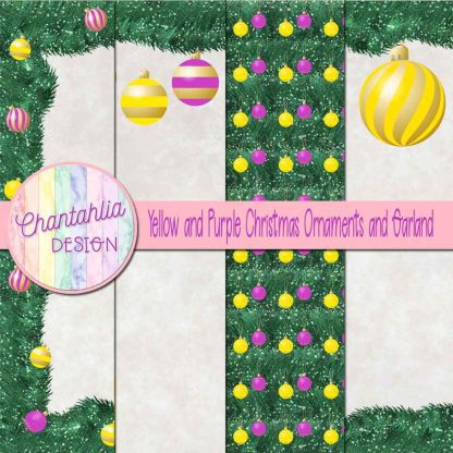 Free yellow and purple Christmas ornaments and garland digital papers