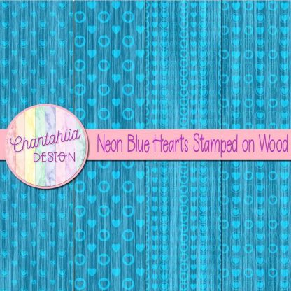 Free neon blue hearts stamped on wood digital papers