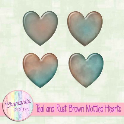 Free teal and rust brown mottled hearts