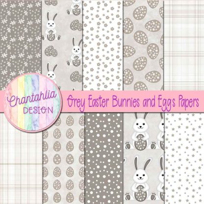 Free grey Easter bunnies and eggs digital papers