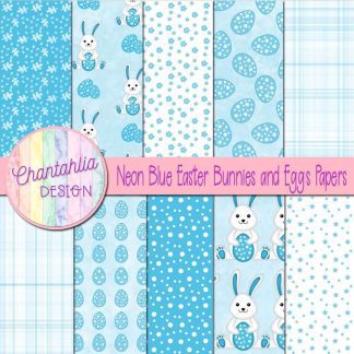 Free neon blue Easter bunnies and eggs digital papers
