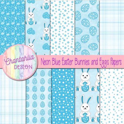 Free neon blue Easter bunnies and eggs digital papers