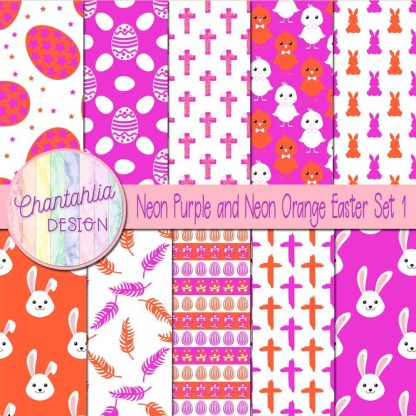 Free neon purple and neon orange Easter digital papers