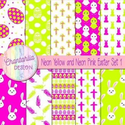 Free neon yellow and neon pink Easter digital papers s
