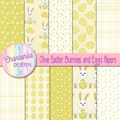 Free olive Easter bunnies and eggs digital papers