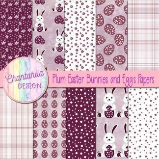 Free plum Easter bunnies and eggs digital papers