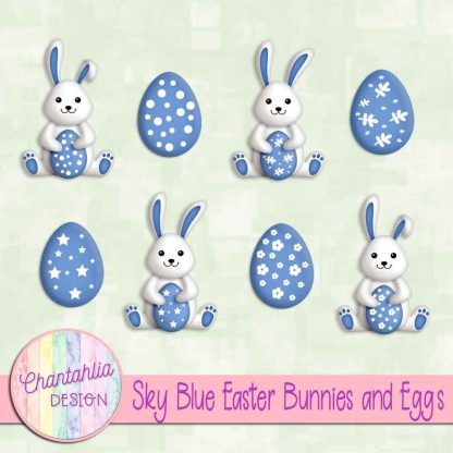 Free sky blue Easter bunnies and eggs