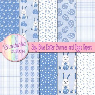 Free sky blue Easter bunnies and eggs digital papers