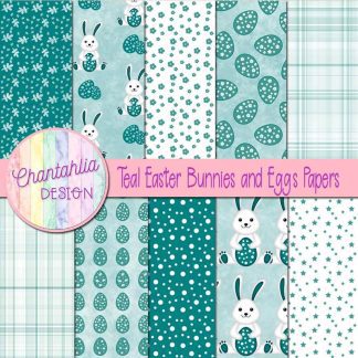 Free teal Easter bunnies and eggs digital papers