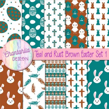 Free teal and rust brown Easter digital papers