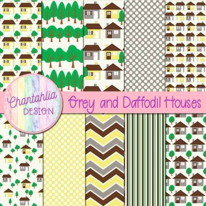 Free grey and daffodil houses digital papers