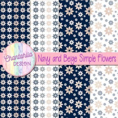 Free navy and beige simple flowers digital papers