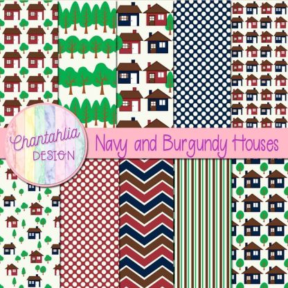 Free navy and burgundy houses digital papers