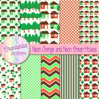 Free neon orange and neon green houses digital papers