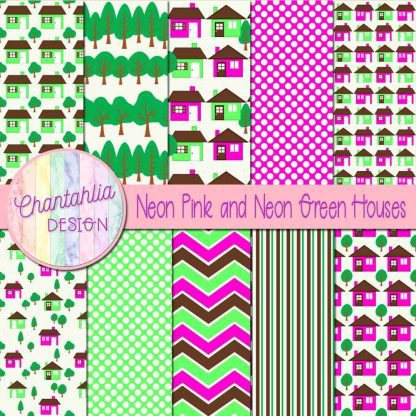 Free neon pink and neon green houses digital papers