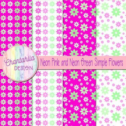 Free neon pink and neon green simple flowers digital papers