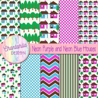 Free neon purple and neon blue houses digital papers