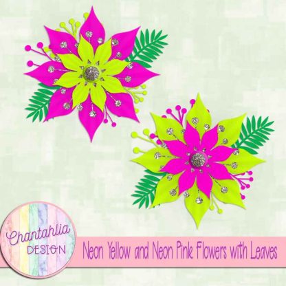 Free neon yellow and neon pink flowers with leaves