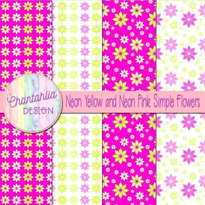 Free neon yellow and neon pink simple flowers digital papers