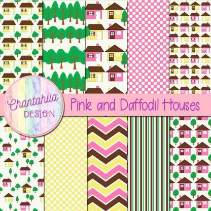 Free pink and daffodil houses digital papers