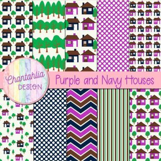 Free purple and navy houses digital papers
