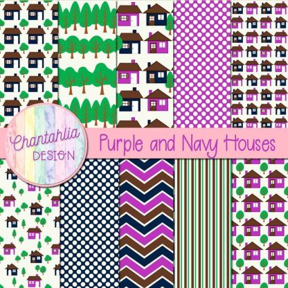 Free purple and navy houses digital papers