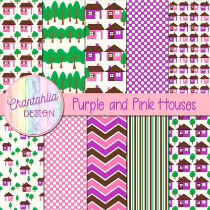 Free purple and pink houses digital papers