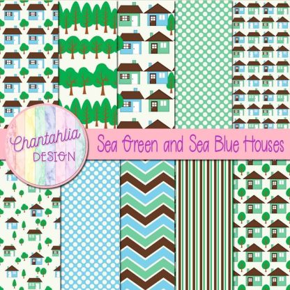 Free sea green and sea blue houses digital papers