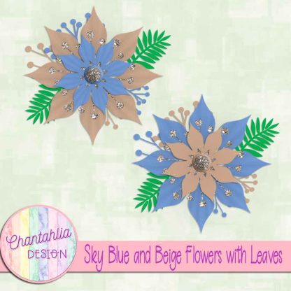 Free sky blue and beige flowers with leaves