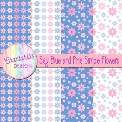 Free sky blue and pink simple flowers digital papers
