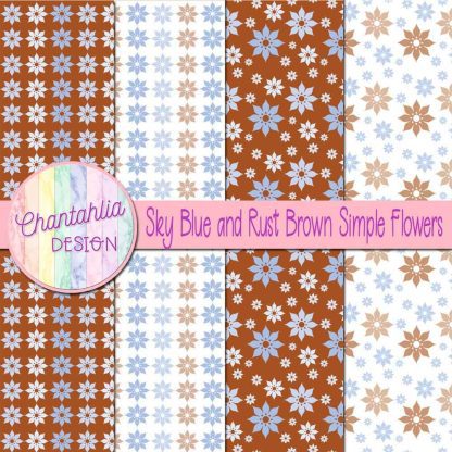 Free sky blue and rust brown simple flowers digital papers