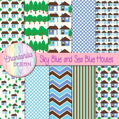 Free sky blue and sea blue houses digital papers