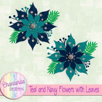 Free teal and navy flowers with leaves