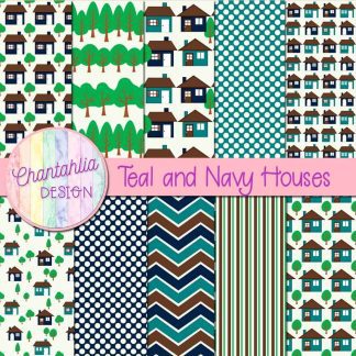 Free teal and navy houses digital papers