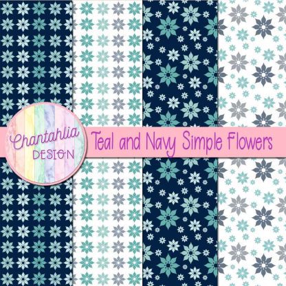 Free teal and navy simple flowers digital papers