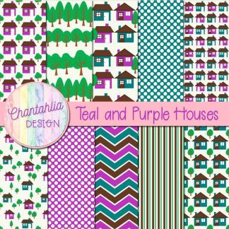 Free teal and purple houses digital papers