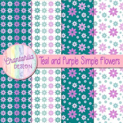 Free teal and purple simple flowers digital papers