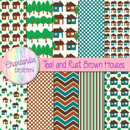 Free teal and rust brown houses digital papers