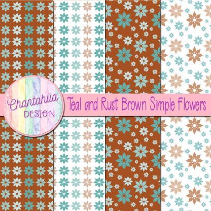 Free teal and rust brown simple flowers digital papers