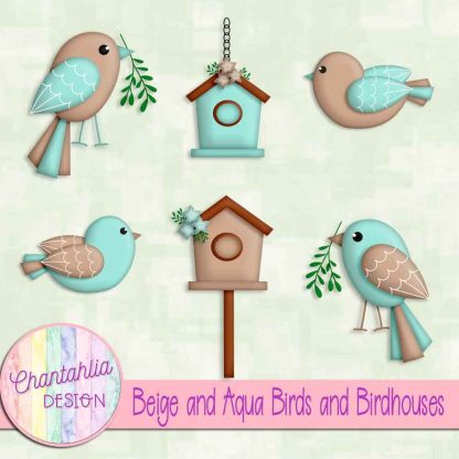Free beige and aqua birds and birdhouses
