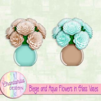 Free beige and aqua flowers in glass vases