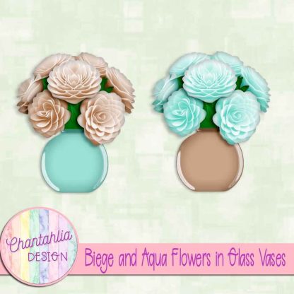 Free beige and aqua flowers in glass vases