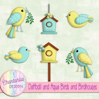 Free daffodil and aqua birds and birdhouses